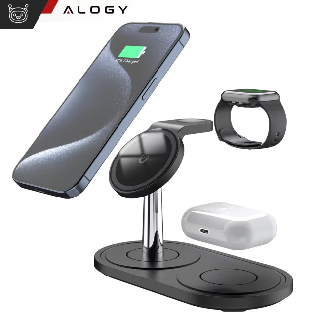 3v1 indukční nabíječka pro telefon hodinky sluchátka Alogy Qi nabíječka pro Apple iPhone Watch AirPods černá