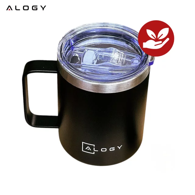 Thermobecher 420 ml mit Henkel und Deckel für Kaffee, Tee, Stahl, Kalt- und Heißgetränke, Alogy Black