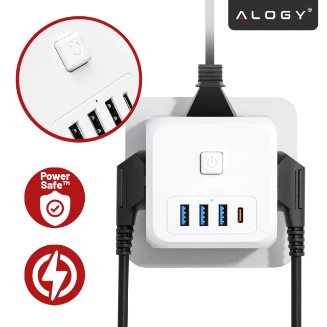 Síťový splitter splitter Adaptér nabíječky zloděj 3 zásuvky EU 3x USB USB-C C 7v1 Alogy Bílá