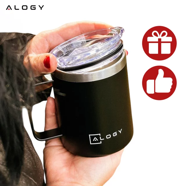 Thermobecher 420 ml mit Henkel und Deckel für Kaffee, Tee, Stahl, Kalt- und Heißgetränke, Alogy Black