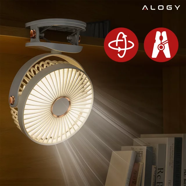 Wentylator wiatrak 2800 mAh wiatraczek LED przenośny klips Alogy biurkowy na biurko wózek dla dziecka bezprzewodowy beżowy