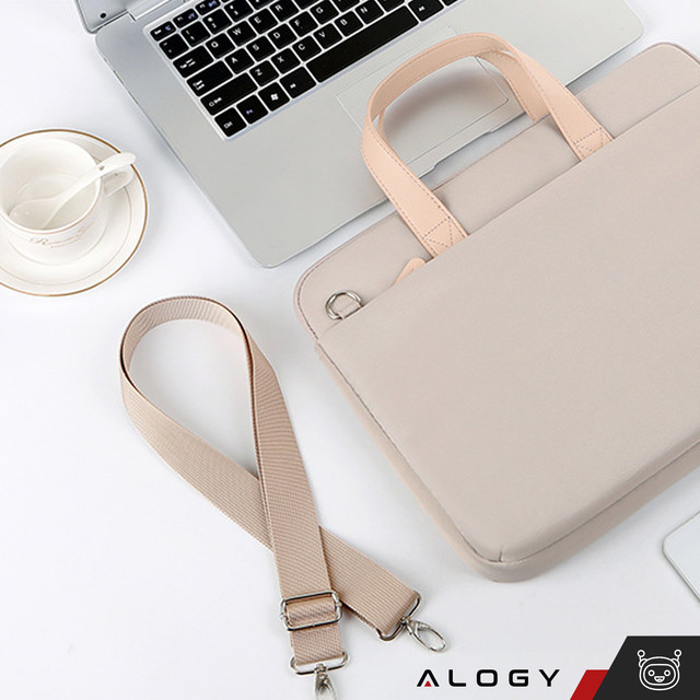 Torba teczka na ramię męska damska na laptopa tablet 14 cal materiałowa podróżna pokrowiec Alogy Beżowa