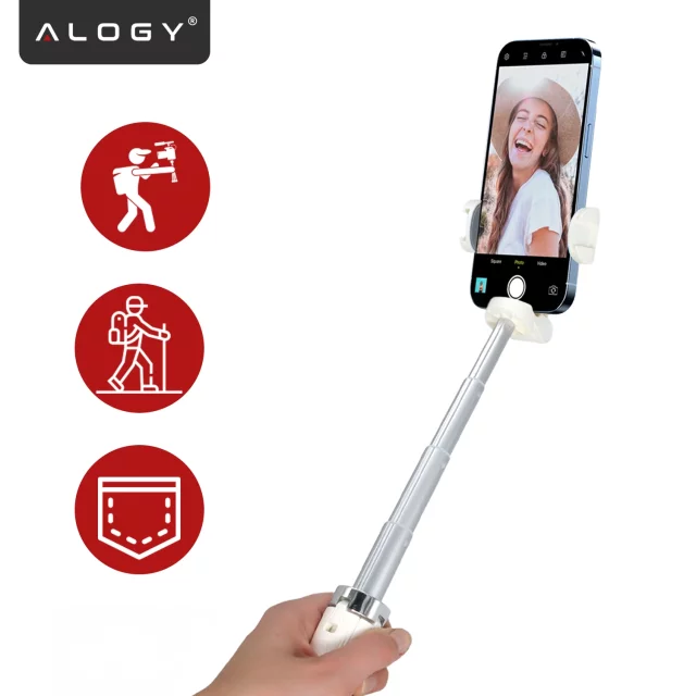 Selfie Stick Mini Tripod stabilny kompaktowy lekki Kijek do Selfie i Statyw Rozkładany 360° z Pilotem Bluetooth 10m, Stojak do Zdjęć i Nagrywania, Alogy FlexiShot™ Biały