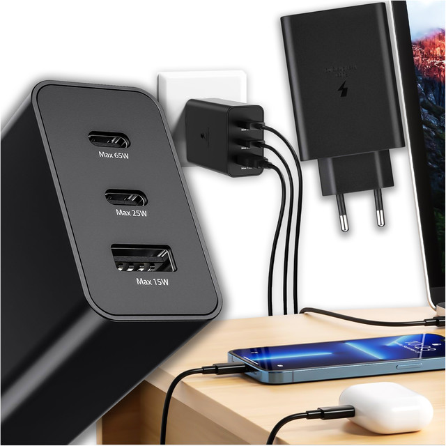 Rychlá 65W nabíječka do zdi 2x USB-C typ C PD USB-A USB Alogy 3 porty silné černé pouzdro