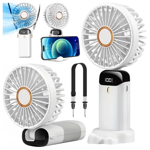 Wentylator Wiatrak Ręczny Bezprzewodowy, Przenośny i Biurkowy, z Uchwytem na Telefon, Ładowanie USB-C, Bateria 18650, Alogy CoolBreeze™ – Biały