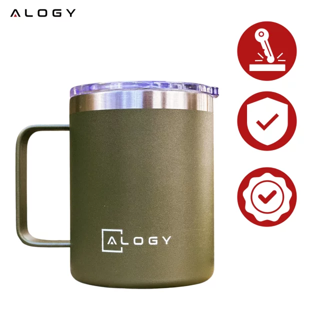 Thermal mug 420 ml with handle and lid for coffee, tea, steel, cold and hot drinks Alogy Green