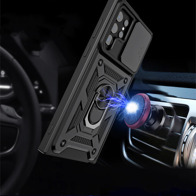 Gepanzerte Hülle mit Kameraabdeckung Alogy Camshield Stand Ring für Samsung Galaxy S22 Ultra schwarz