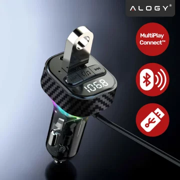 Bluetooth 5.3 FM Transmitter with PD 30W QC3.0 Car Charger, USB-C Spring Cable, Pendrive Support, 7 Color LED Backlight – Alogy CarTune™ Black