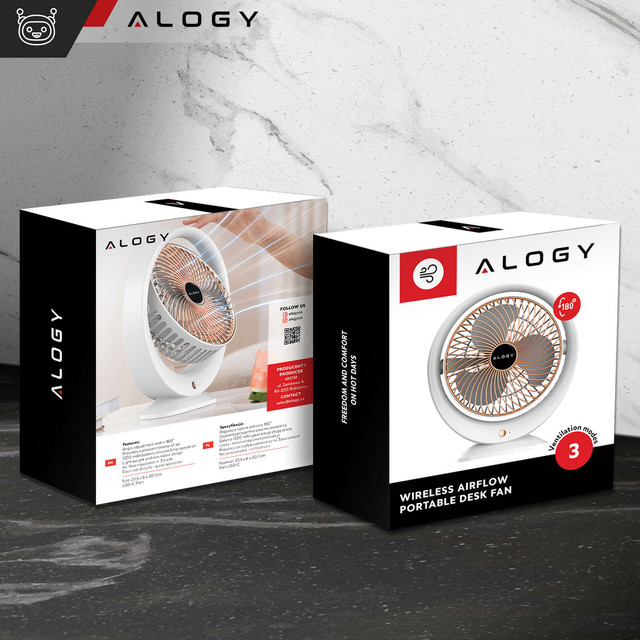 Stolní ventilátor stojící ventilátor výkonný malý přenosný bezdrátový 1200mAh USB-C Alogy White