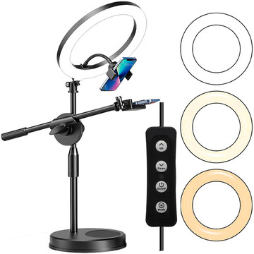 Ring LED ring lamp 10" 2x phone holder standing tripod on desk with adjustable frame Alogy Black