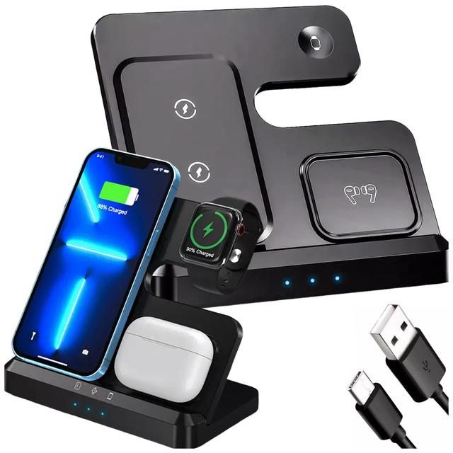 Kabelloses induktives Ladegerät Qi QC 3.0 3in1 Fast für Apple iPhone Airpods Watch Ladestation 15W schwarz