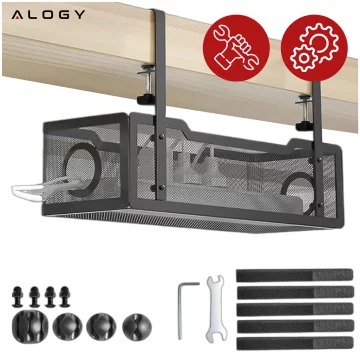 Cable organizer under the table top, cable shelf, wires, strip, metal desk, Alogy 34cm Black