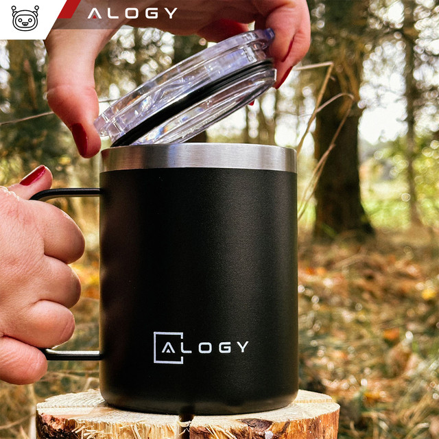 Kubek termiczny 420ml z uchwytem pokrywką na kawę herbatę stalowy zimne i ciepłe napoje Alogy Czarny + Szczotka do mycia