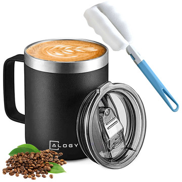 Thermal mug 420ml with handle lid for coffee tea steel cold and warm drinks Alogy Black Washing brush