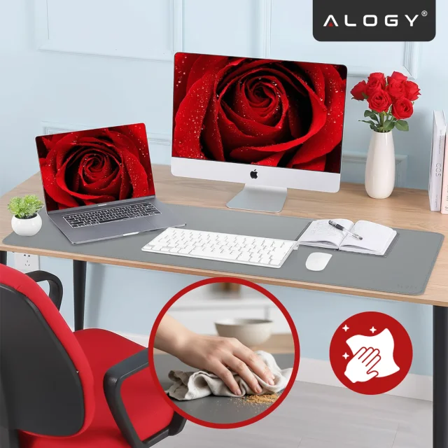 Podkładka na biurko 100×50 cm – antypoślizgowa mata ochronna z eleganckiej ekoskóry PU, pod mysz i klawiaturę, stylowa i trwała – Alogy WorkMat™ Szara