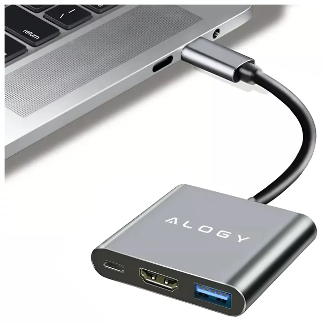 HUB 3in1 Adapter USB-C auf HDMI USB-A USB-C 4K 60Hz Alogy grau