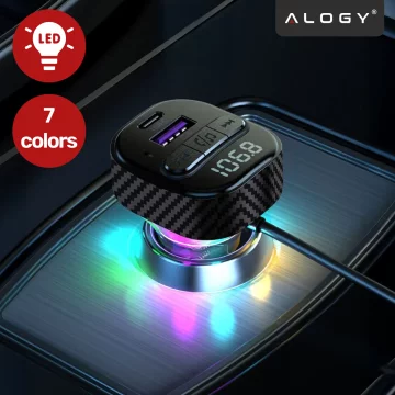 Bluetooth 5.3 FM-Transmitter mit PD 30W QC3.0 Kfz-Ladegerät, USB-C-Spiralkabel, USB-Stick-Unterstützung, 7-farbiger LED-Hintergrundbeleuchtung – Alogy CarTune™ Schwarz