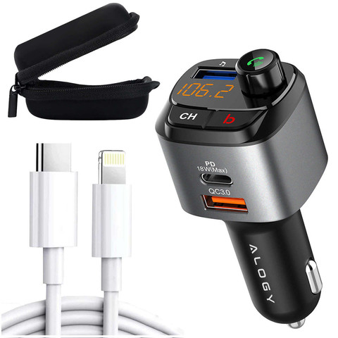 Transmiter samochodowy FM Alogy Ładowarka USB QC 3.0 + USB-C PD Bluetooth odtwarzacz MP3 + Kabel 1m USB-C do Lightning  + Etui