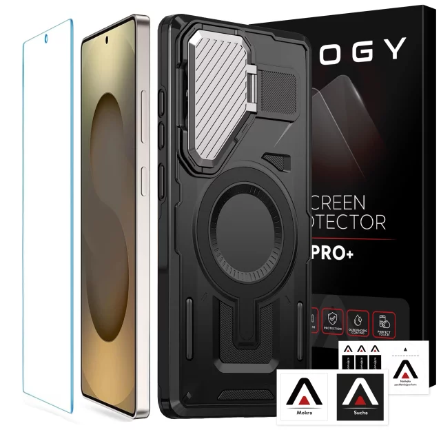 Etui do Samsung Galaxy S25 Ultra Case do MagSafe Wzmocniona Pancerna ochrona obiektywów z funkcją podstawki obudowa ochronna na telefon Alogy HeavyDuty Mag™️Czarne + SZKŁO HARTOWANE