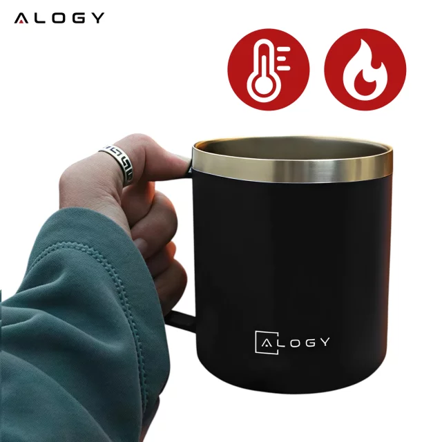 Thermobecher 420 ml mit Henkel und Deckel für Kaffee, Tee, Stahl, Kalt- und Heißgetränke, Alogy Black