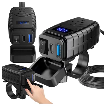 Alogy MotoCharge Pro™ Motorradladegerät mit Display, 36 W PD QC 3.0 Schnellladung, USB-A- und USB-C-Anschlüsse, wasserdicht und robust, Schwarz