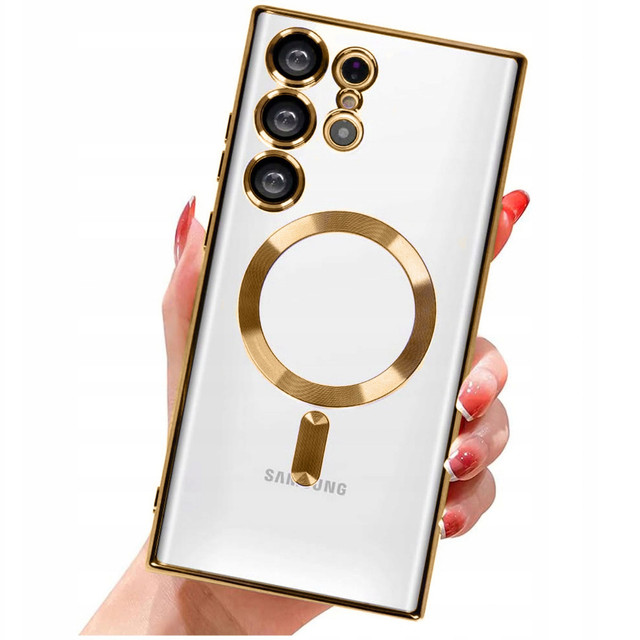 Hülle für Samsung Galaxy S24 Ultra Mag Safe Glamour Case Ringgehäuse Kameraschutz Alogy Gold Transparent