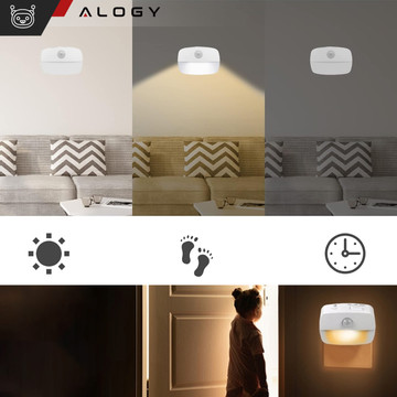 2x LED night lamp with motion sensor for EU socket, 3 light colors Alogy Night Light White