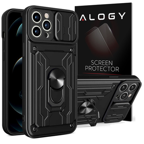 Alogy Camshield Stand Ring Wallet Case with Camera Cover and Card Slot for Apple iPhone 14 Pro Black Glass