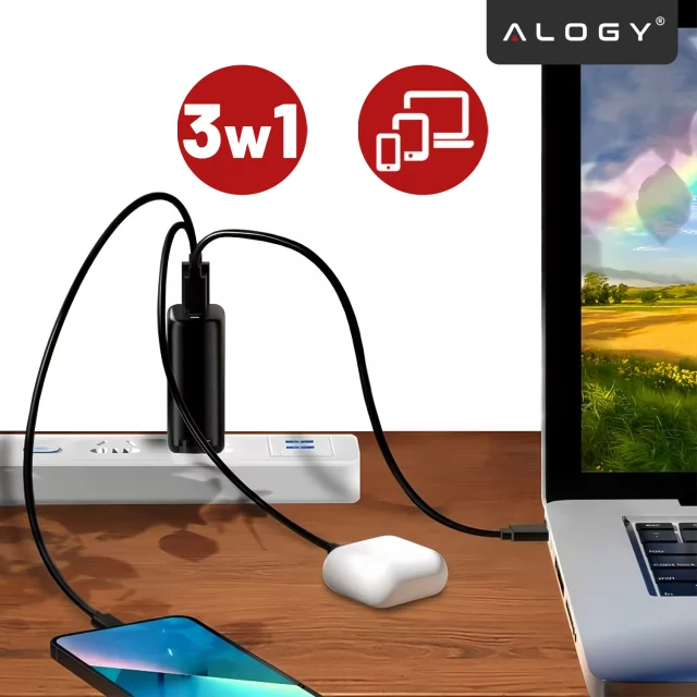 Alogy GaNCharge Kompaktes 3-in-1-Wandladegerät, schnelles Laden, GaN3, 65 W, USB-A, 30 W, 2 x USB-C, 65 W, Schwarz