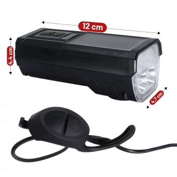 LED-Fahrradfrontlicht mit Solarpanel und Hupe, superhell (1000 lm, 4400 mAh), wasserdicht, schwarz