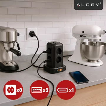 Przedłużacz 12w1 Rozdzielacz wieża ładująca Alogy ChargeTower Pro 2500W 8x gniazdo ładujące 3x USB.A 1x USB.C kabel 1.8m Czarny