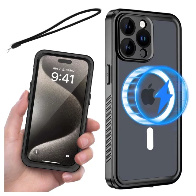 Case for Apple iPhone 15 Pro Armored 360 case for Mag Safe waterproof Armor IP68 Alogy black