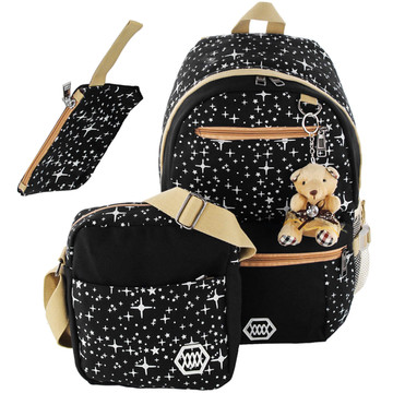 3in1 backpack school urban youth school bag pencil case cosmetic bag keychain teddy bear capacious women's Black with stars Alogy