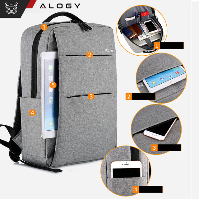 Rucksack Laptoptasche 15,6" groß wasserdicht mit USB-Anschluss Unisex 44x34x13cm für Flugzeug Alogy Rucksack Grau