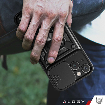 Armored case for iPhone 15 Plus Camshield Case Ring Alogy Stand with slide camera cover, black