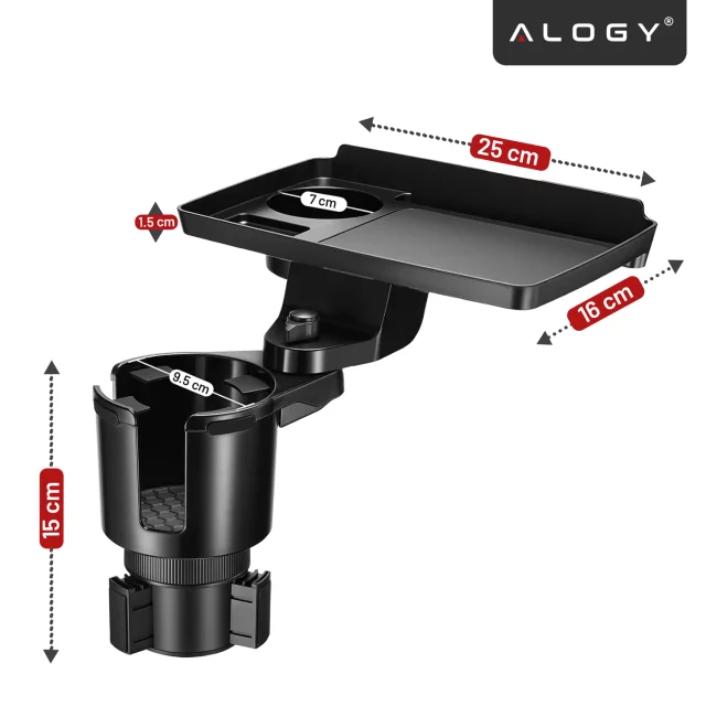 Uchwyt Samochodowy na Kubek i Butelkę Telefon z Obrotowym Stoliczkiem 360°, Mobilny Organizer 2w1, Alogy MultiUse Tray™ – Czarny