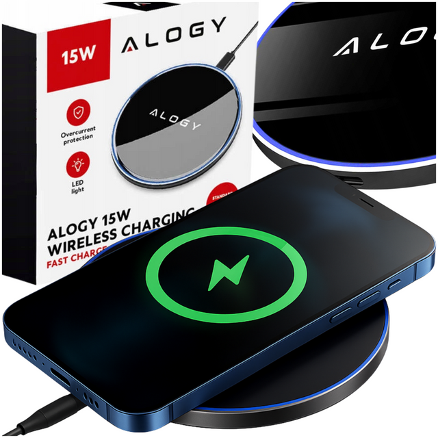 QI bezdrátová indukční nabíječka 15W rychlá LED Alogy kulatá pro iPhone USB-C kabel Černá