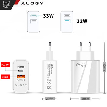 Rychlé USB-A QC 3.0 Quick Charge USB-C PD 33W 65W nástěnná nabíječka Alogy White