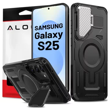 Pouzdro pro Samsung Galaxy S25 s vyztuženou pancéřovanou ochranou objektivu MagSafe s funkcí stojánku, ochranné pouzdro na telefon Alogy HeavyDuty Mag™️Black