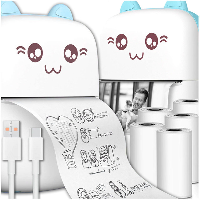 Drukuś Thermal Printer with 6 Rolls of Thermal Paper for Kids Blue