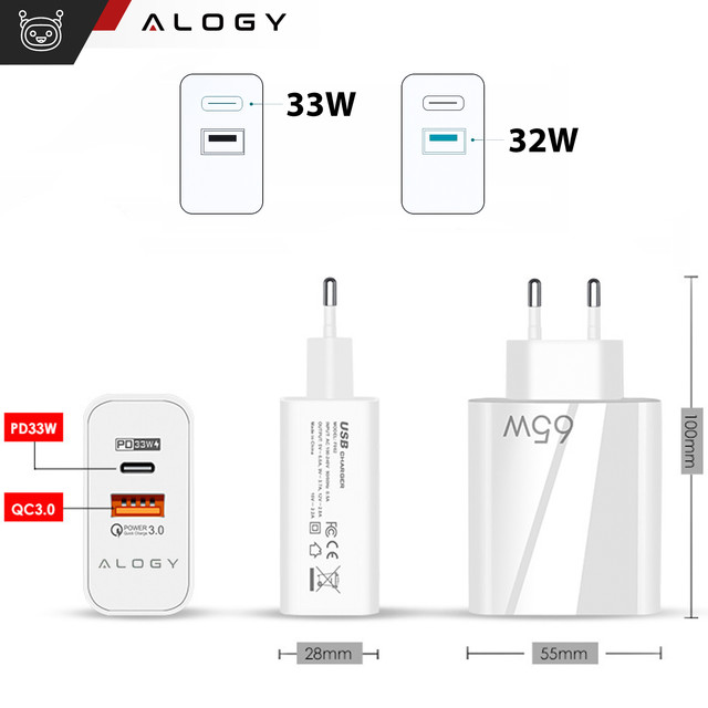 Ładowarka sieciowa szybka USB-A QC 3.0 Quick Charge + USB-C PD 33W 65W Alogy Biała