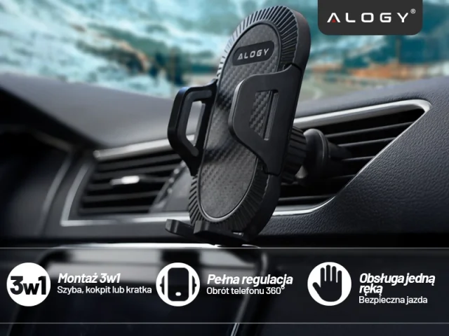 Uchwyt samochodowy do telefonu do auta 3w1 Alogy na szybę do kratki na deskę rozdzielczą kokpit Czarny