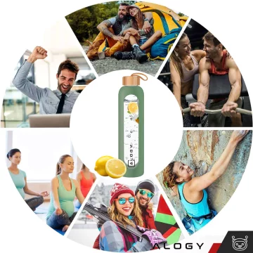 Alogy Large Glass Bottle Drinking Bottle Motivational Measuring Cup 1l 1000ml Silicone Case Olive