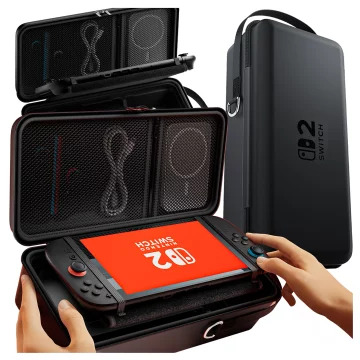 Nintendo Switch 2 2025 Case Protective Bag Large Hard EVA Case, Case, Waterproof, Lightweight, with Handles Alogy HardFoamBag™ - Black 2X TEMPERED GLASS