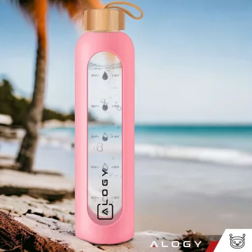 Große Glasflasche Trinkflasche Alogy Motivational Messbecher 1l 1000ml Silikonhülle Pink