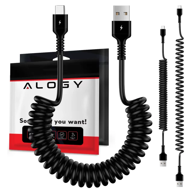 Alogy Spiral Car Charging Cable 66W 5A 150cm USB to USB-C Black