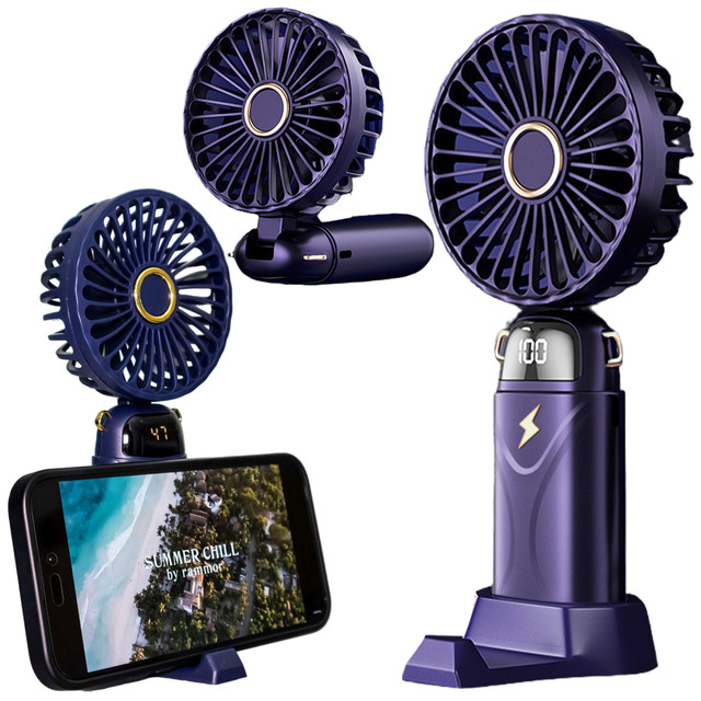 Ventilátor, ruční stolní ventilátor, Alogy, bezdrátový, přenosný, stojící se stojánkem na telefon, tmavě modrá