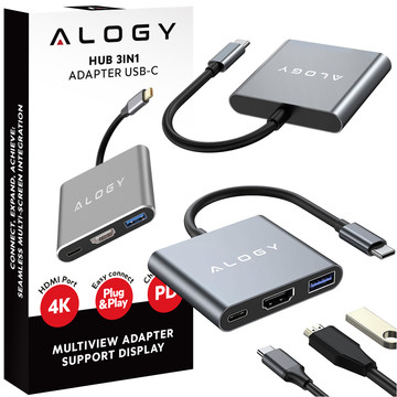 HUB 3v1 adaptér USB-C na HDMI USB-A USB-C 4K 60Hz Alogy šedá