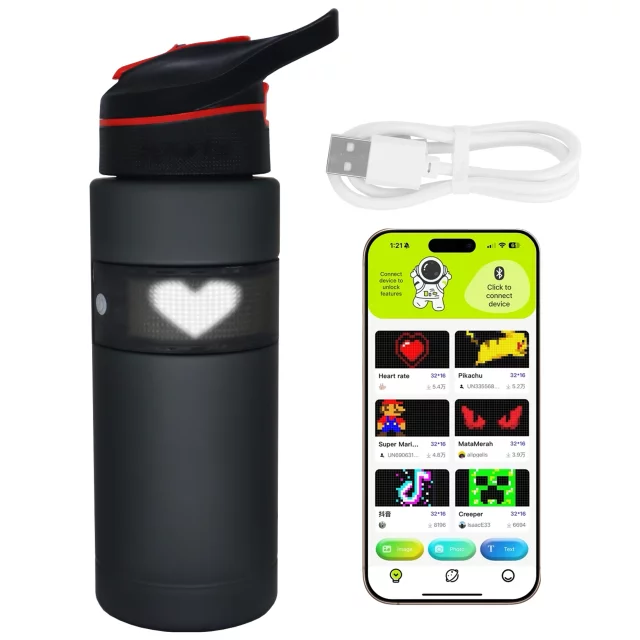 Alogy FitBottle™ 800ml Smart-Trinkflasche mit LED-Display, Bluetooth-Verbindung, Strohhalm, Motivationsfunktion, wiederverwendbar – Schwarz