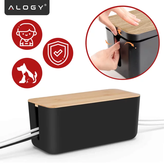 Organizer Pojemnik na Kable i Listwy, Pudełko Biurkowe i Podłogowe Rozmiar L, Estetyczne Wykończenie Drewno, Alogy CableBox™ – Czarny